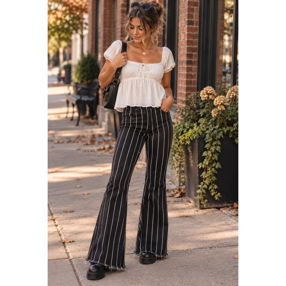 Cello Size 7 Y2K Pinstripe Bell Bottom Jeans Black White High Rise Raw Hem